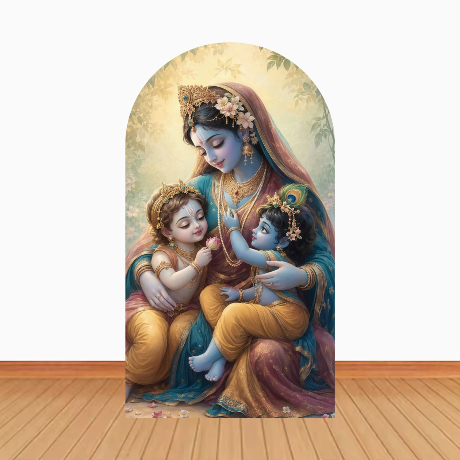 India Yashoda and Krishna Arch Backdrop Cover Florals Peacock Decor Durga Puja Navratri Chiara Spandex Elastic Arched Background