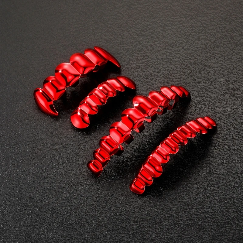 3XUA Cosplay Mouth Accessory Set with Red Metallic Tooth Covers, Upper and Lower Pieces for Stage and Party Wear Looks