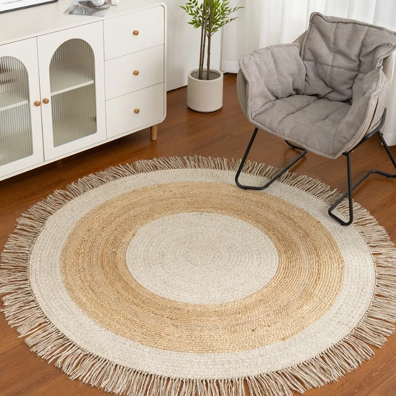 Wool and Jute Round Rug with Tassels Handwoven Carpet for Study Room Mid Century Bedside Floor Mat Natural Fiber Soft Home Pad