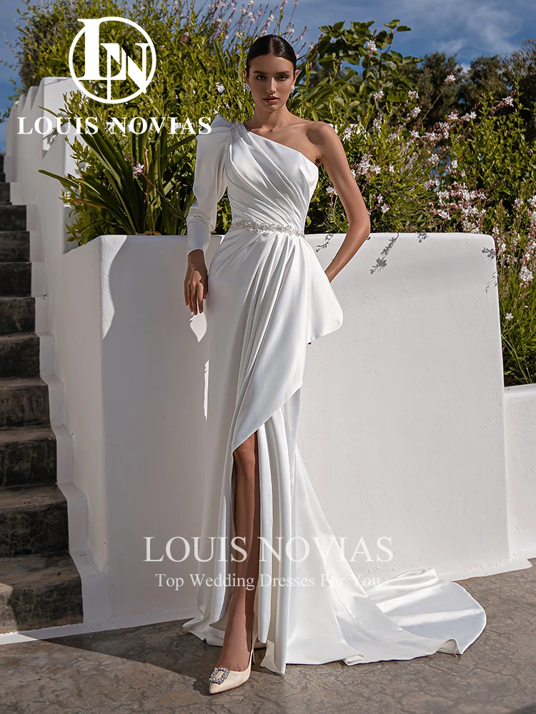 LOUIS NOVIAS Mermaid Wedding Dress 2024 Thigh Split Sashes Wedding Gown One Shoulder Long Sleeves Bride Dress Vestidos De Novia