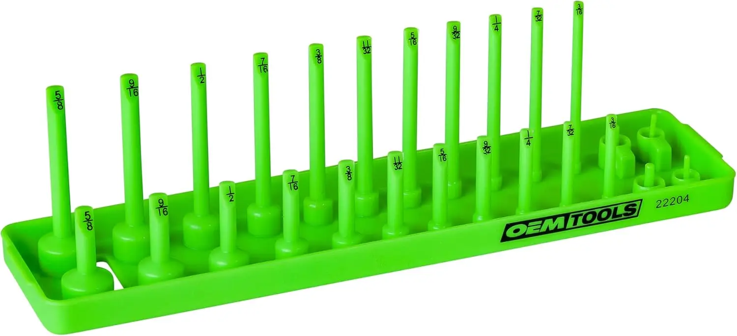 

1/4" Socket Organizer for Deep and Shallow Sockets, Dual Rail with Labeled Posts, Holds 1/8" to 5/8" SAE