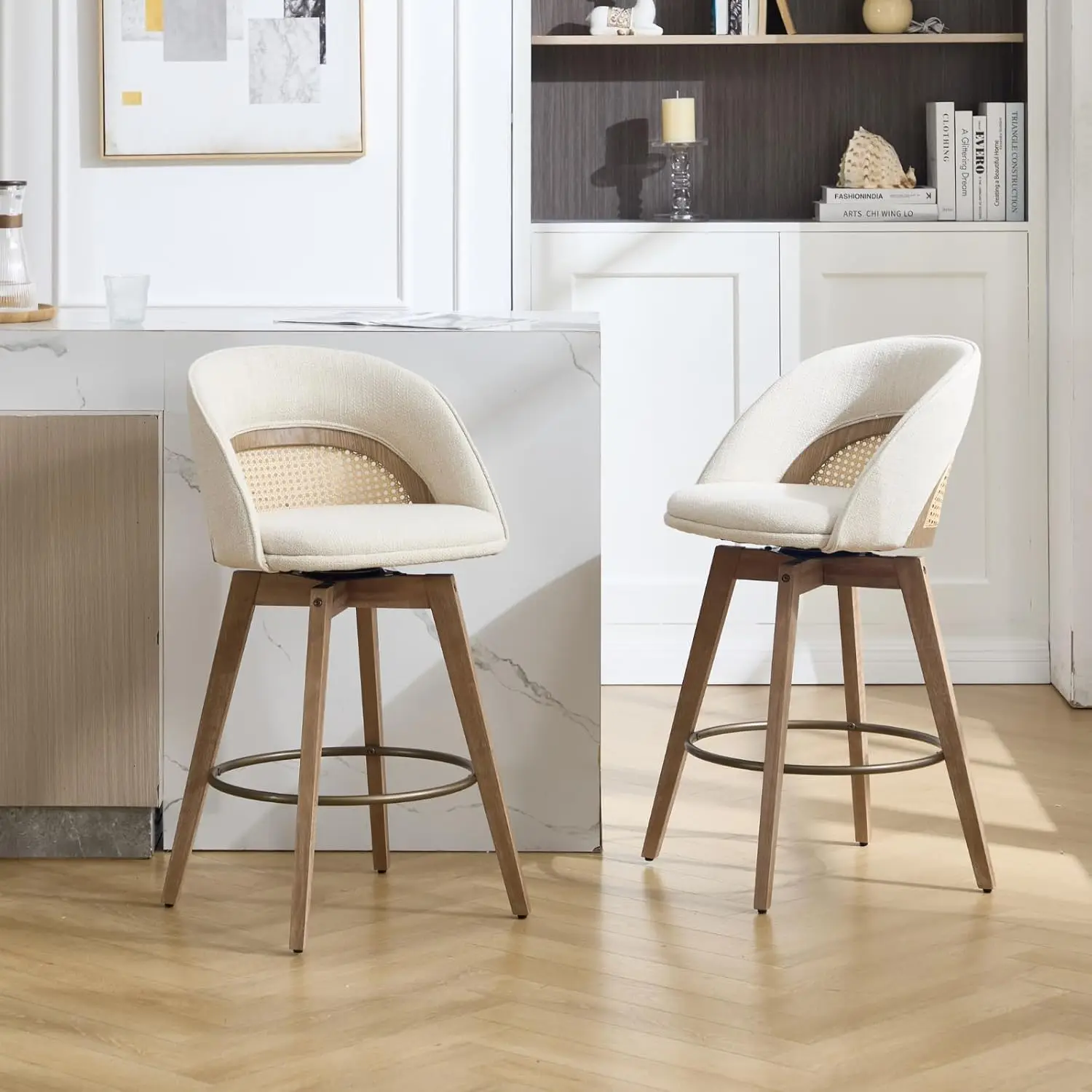 

Modern Swivel Bar Stools Set of 2, 26.5" Counter Height Barstools Linen Upholstered Counter Stools with Curved, Customized