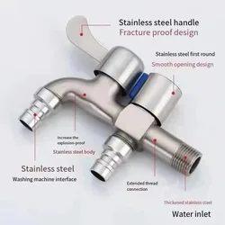Stainless Steel Faucet Double Outlet Dual Control Water Tap One in Two Out Faucet 1/2