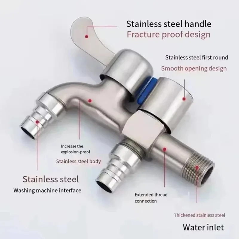 Stainless Steel Faucet Double Outlet Dual Control Water Tap One in Two Out Faucet 1/2