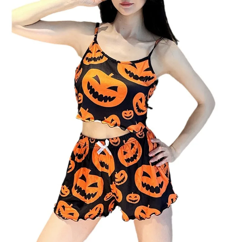 Hallowmas Pyjama Set Vrouwen Zomer Sling Shorts Thuis Kleding Pompoen Print Nachtkleding Casual Dames Mouwloze Nachtjapon 2 Stuks