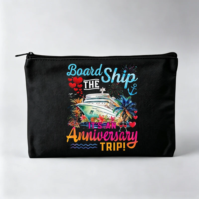 Women's Cruise Ship and Tropical Graphic Makeup Bag, Slogan Print Cosmetic Pouch for Vacation Travel