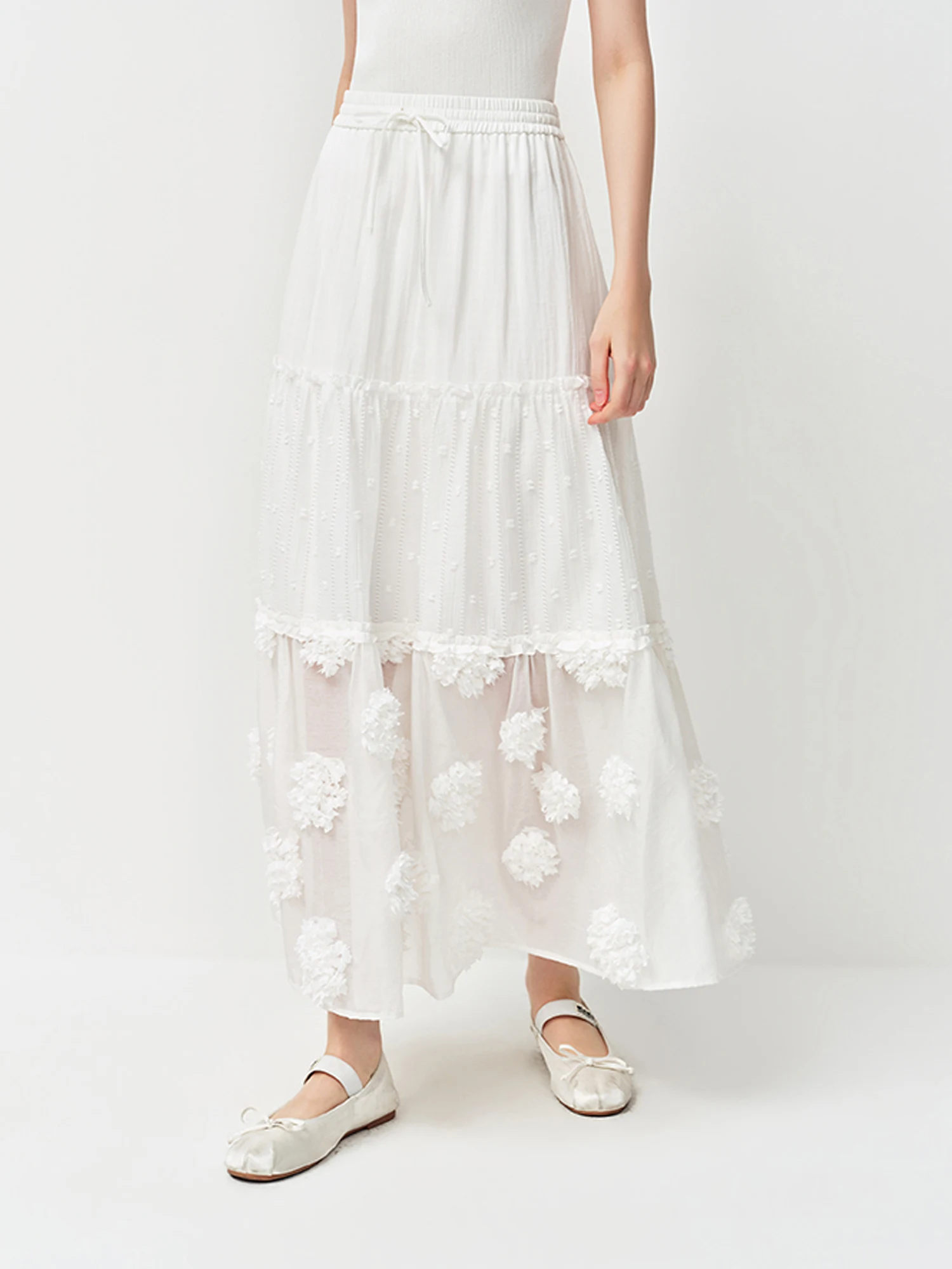 FSLE 2026 Summer Women's Layered Cake Midi Skirt, 3D Floral Embroidered White A-Line Skirt for Retro Coquette Elegant Style