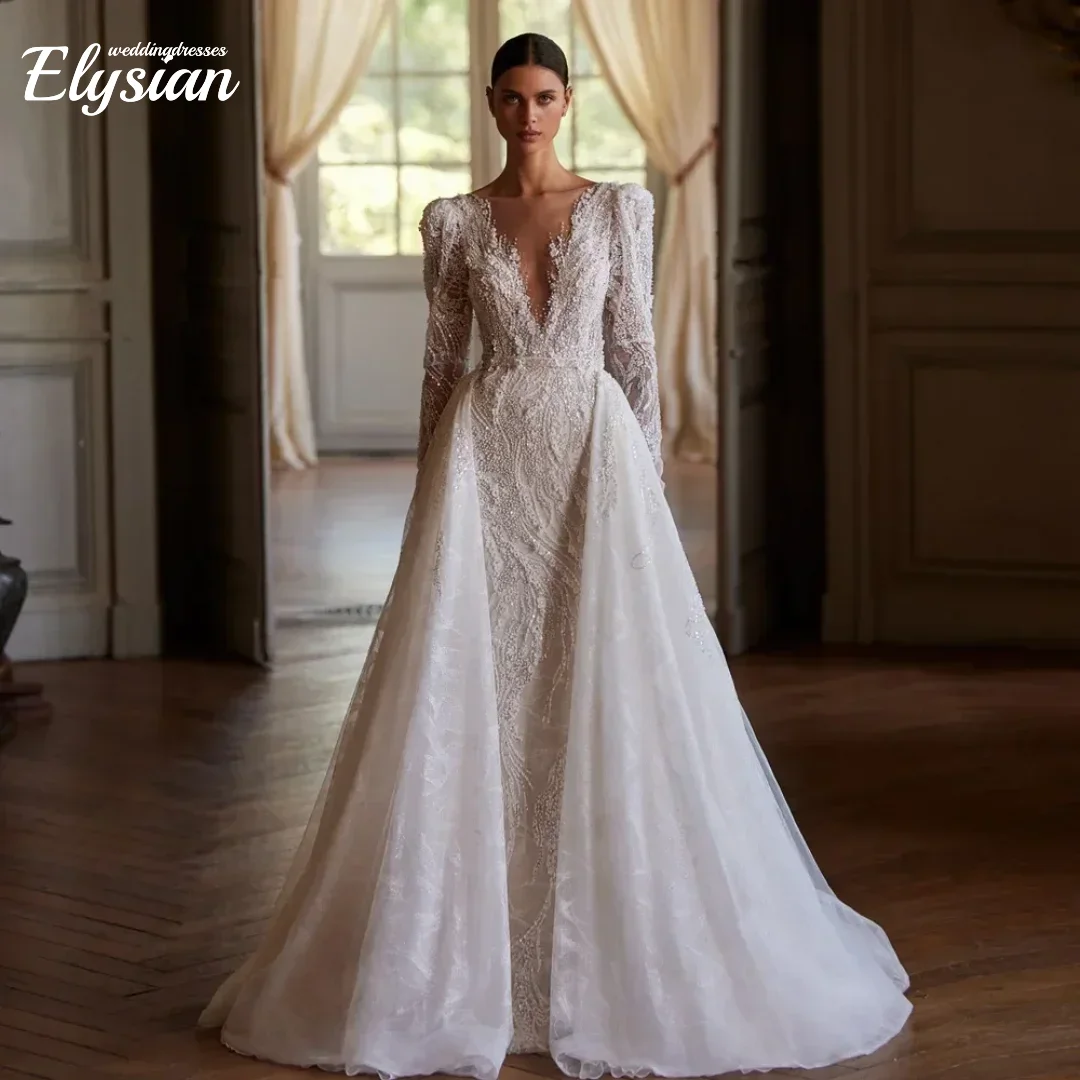 ชุดแต่งงานทรงเมอร์เมดแบบเซ็กซี่สั่งตัดได้ คอวี แขนยาว ปักลาย ถอดชายกระโปรงได้ ชุดเจ้าสาวแบบมีชายกระโปรง Vestido De Novia