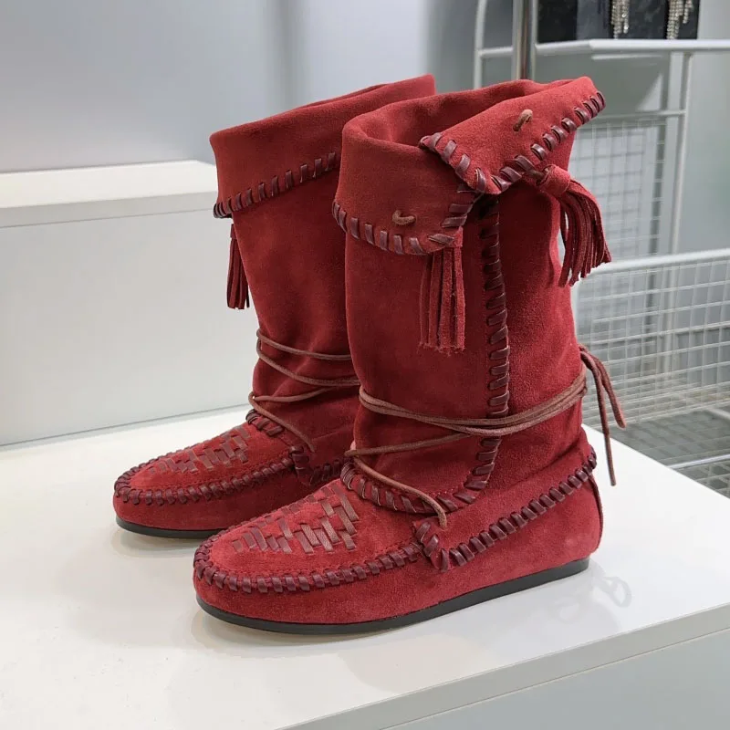 High Quality Cow Leather Mid Calf Boots Woman Genuine Leather Sole Casual Shoes Cowboy Turn Over Flat Knight Fashion Flat Boots