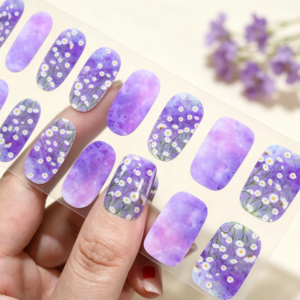 16Tips Gradient Purple Daisy Nail Polish Stickers Colorful Flower Self-adhesive Nail Wraps for Spring Sweet Daily Manicure Decal