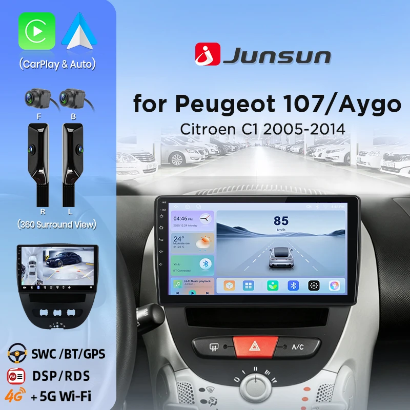 Junsun 360 ° Telecamera panoramica Autoradio Per Peugeot 107 Toyota Aygo Citroen C1 2005-2014 Wireless CarPlay Android Auto Stereo GPS