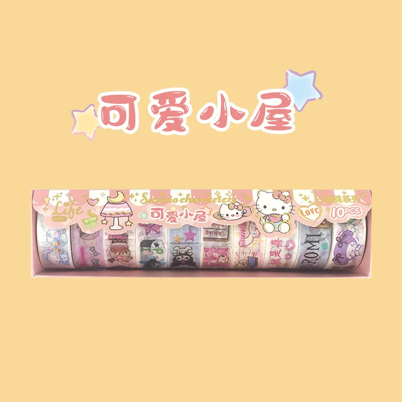 10 Rolls of Sanrio Kuromi Melody Hello Kitty Cartoon Tape Stickers Children\'s Creative DIY Handbook Tape