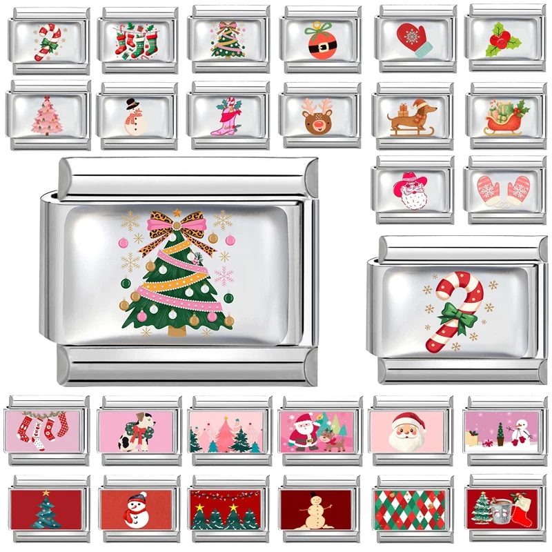 New Pink Sweet Bow Leopard Christmas Tree Candy Charm Italian Links Fit 9mm Bracelet Stainless Steel Making DIYJewelry Wholesale