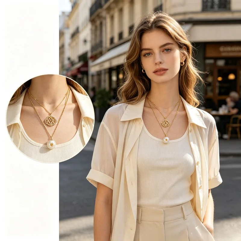 CHHC Women Alloy Double Layer Necklace Hollow Zircon Ball Imitation Pearl Pendant Fashion Clavicle Chain Jewelry