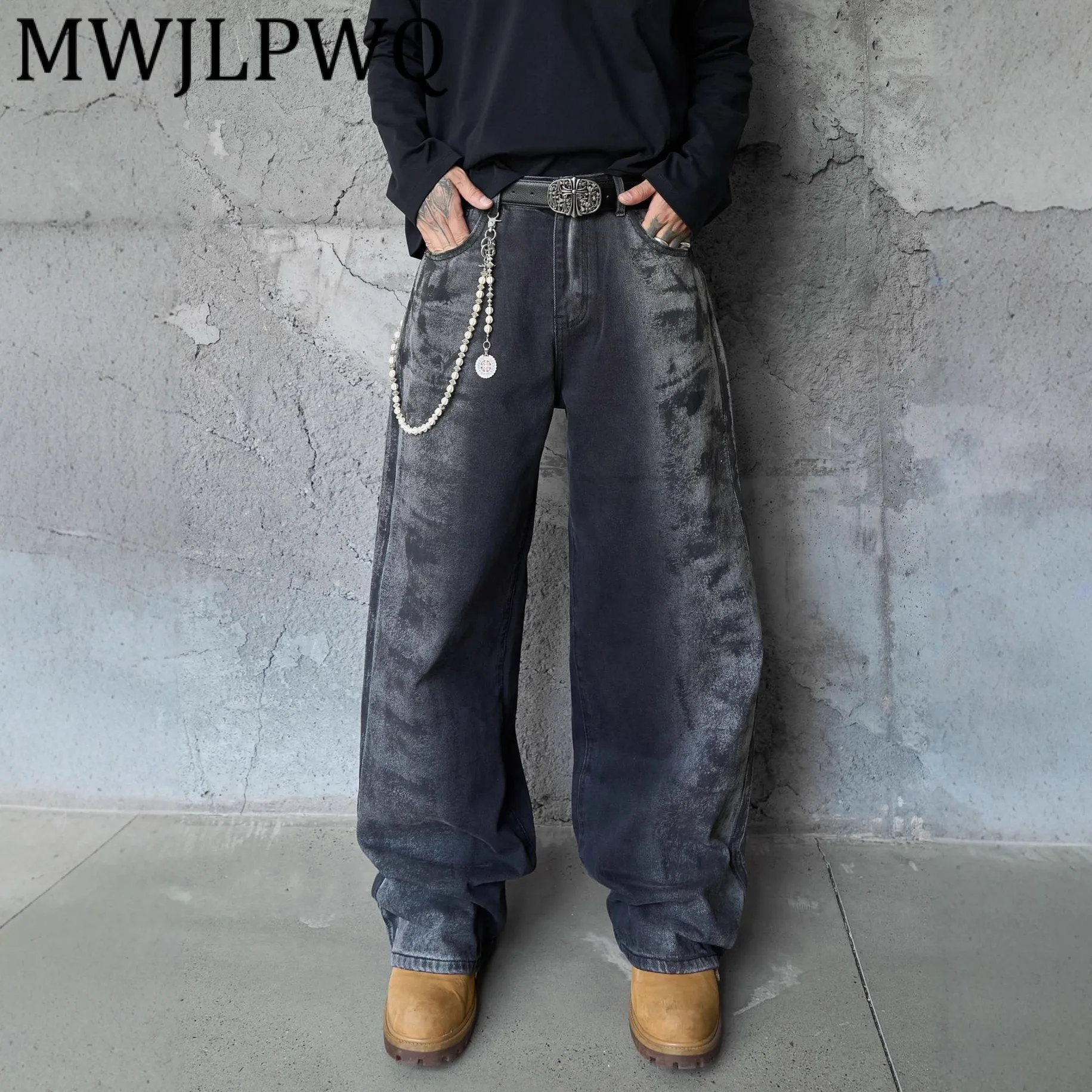 

MWJLPWQ High Street Tie-Dye Washed Design Men's Jeans American Style Niched Loose Wide-Leg Pants Trendy 2025 Autumn New 21207