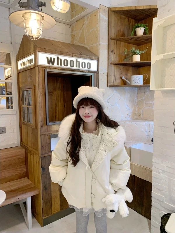 

Korean Sle Polka Dot Cr Puff Coat Women's Winter Faion Warm Loose Cotton Jaet Hooded Long Sve Zipper Closure