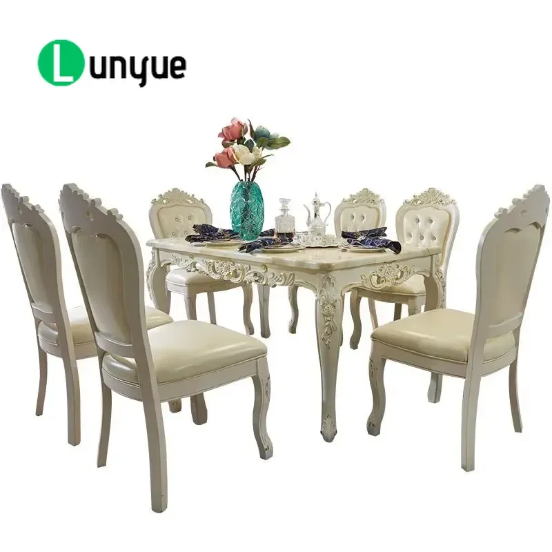 Modern European Adjustable Rectangular Dining Table Set with 6 Chairs Luxury Solid Wood Marble Top for Villa Living Room