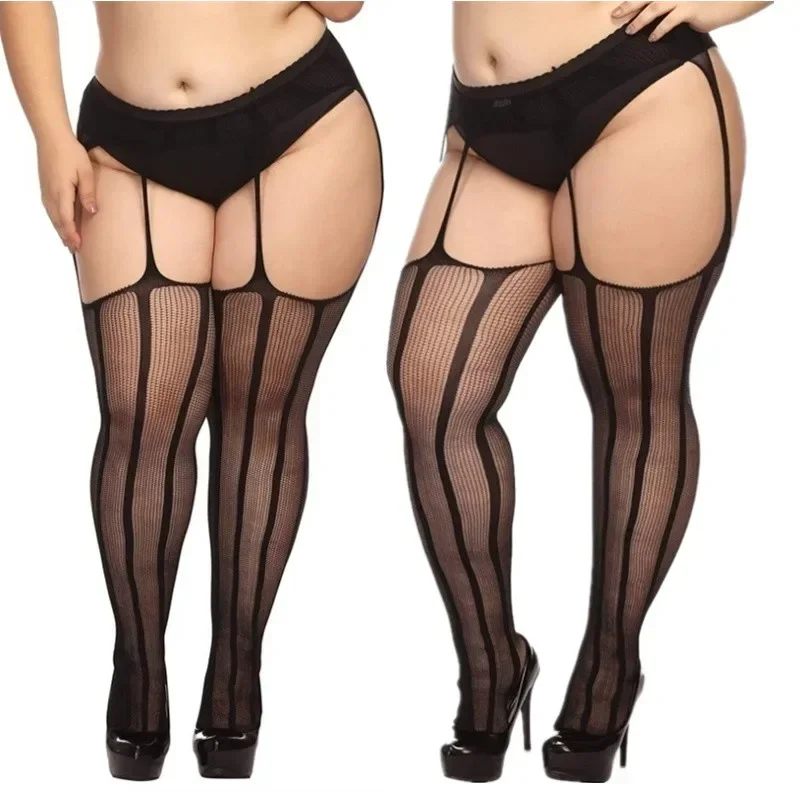 Plus Size Thigh High Tights Open Crotchless Pantyhose Oversized Stockings Black Fishnet Panty Socks Belt for Women Lingerie Sexy