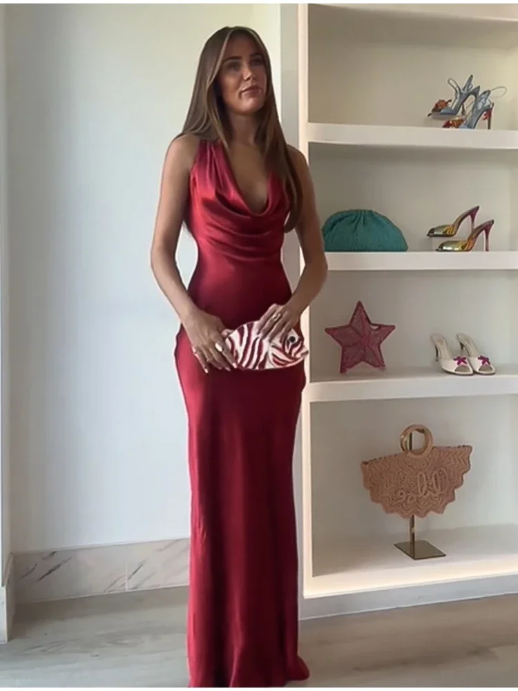 

Design Satin Dangling Neck Strap Dress Sleeveless Slimming High Waist Dresses 2025 Summer Lady Fashion Banquet Cocktail Dresses