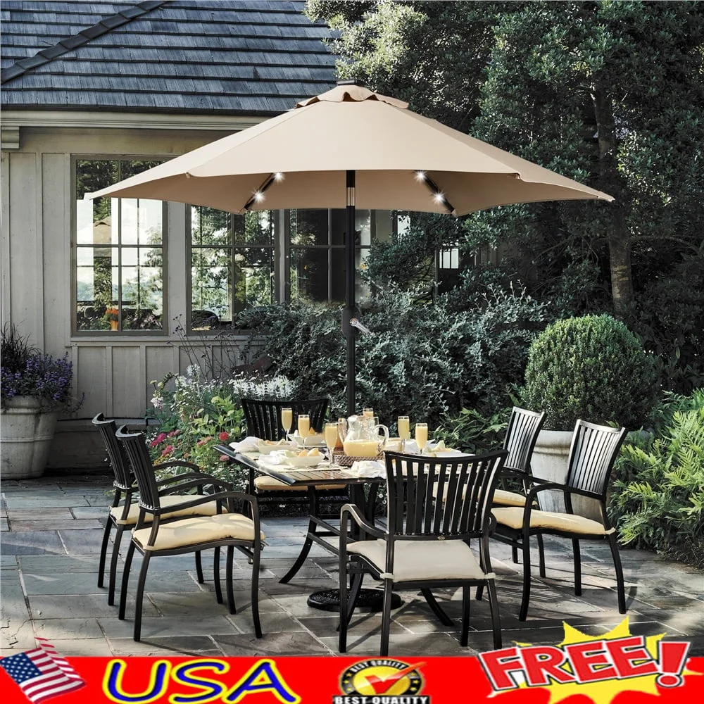 

7.5ft Patio Market Umbrella with 6 Ribs and 18 LED Solar Lights Water-Resistant Adjustable Tilt Outdoor Table Use