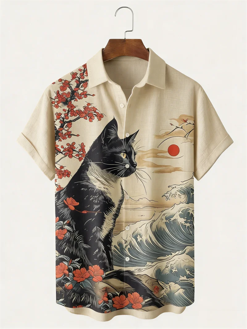 

New retro casual tiger wave 3D printed linen short sleeved shirt for men, men's lapel shirt clothing