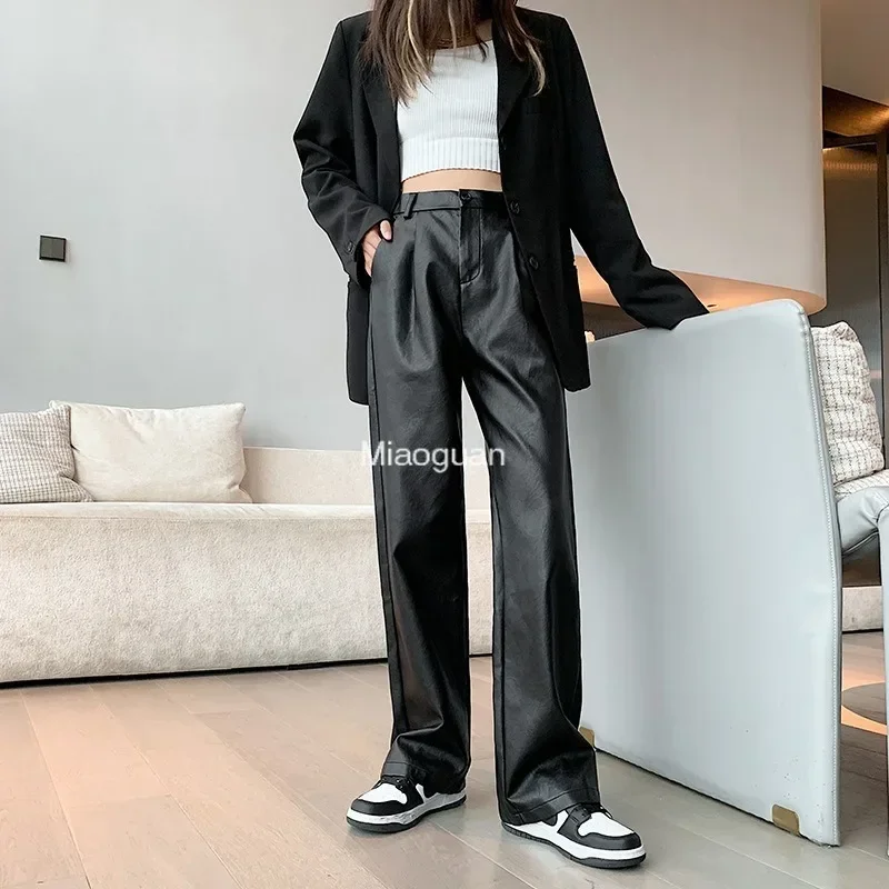 

Designer New Leather Pants Women Wide Leg Trousers Korean Style Spring NEW Fashion Loose Pants High Waisted Elastic Band PU Pant