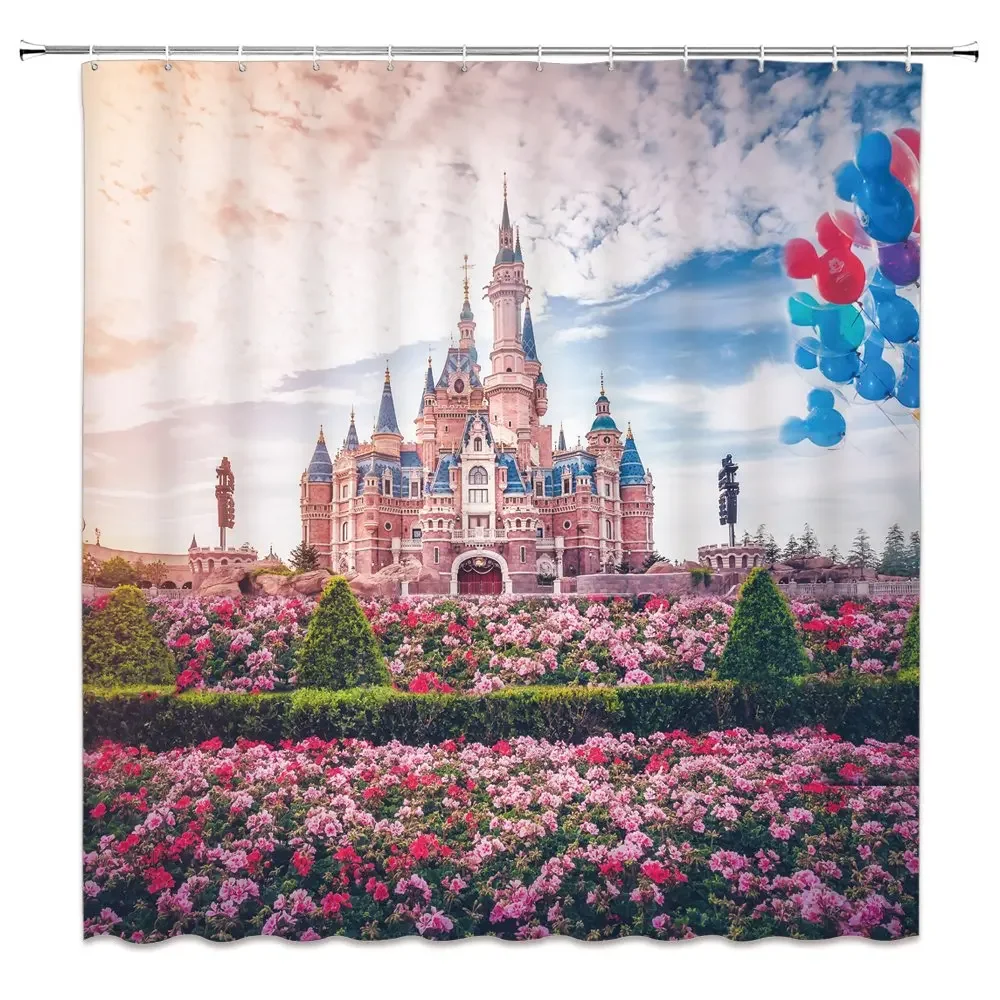 Pink Castle Shower Curtain for Kids, Spring Flower, Park, Forest, Road Landscape, Scenic Bathroom, Decor Set with Hooks