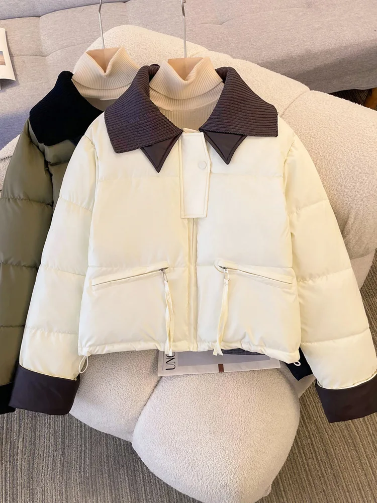 Winter Short Cotton Clothes For Women Chic Knitted Lapel Thickened Warm Padded Coat Korean Patchwork Long Sleeved Quilted Jacket