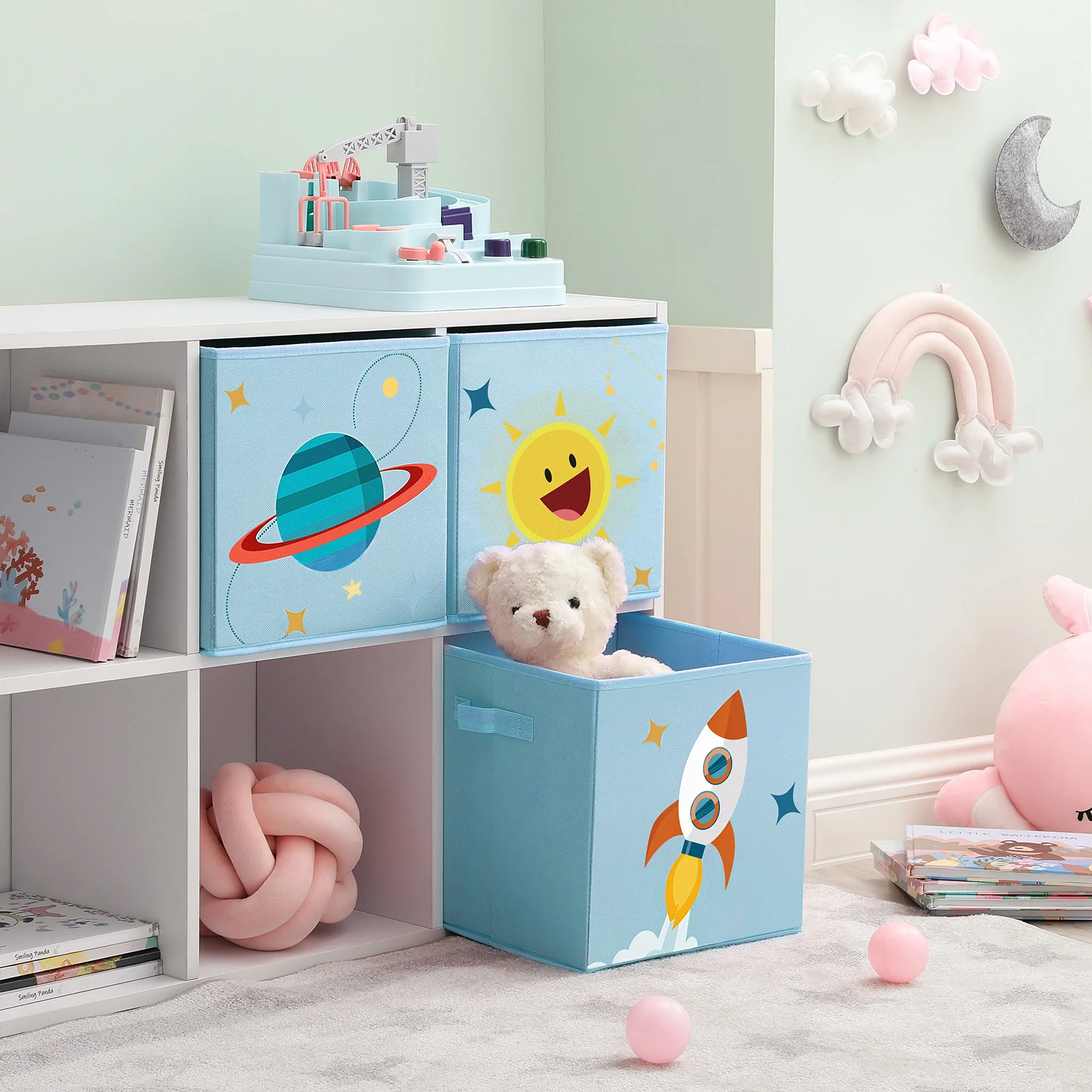 SONGMICS Juego de 3 cajas organizadoras de juguetes: cubos plegables con asas. Para habitación de niños, sala de juegos, dormitorio 30x30x30cm Tema espacial