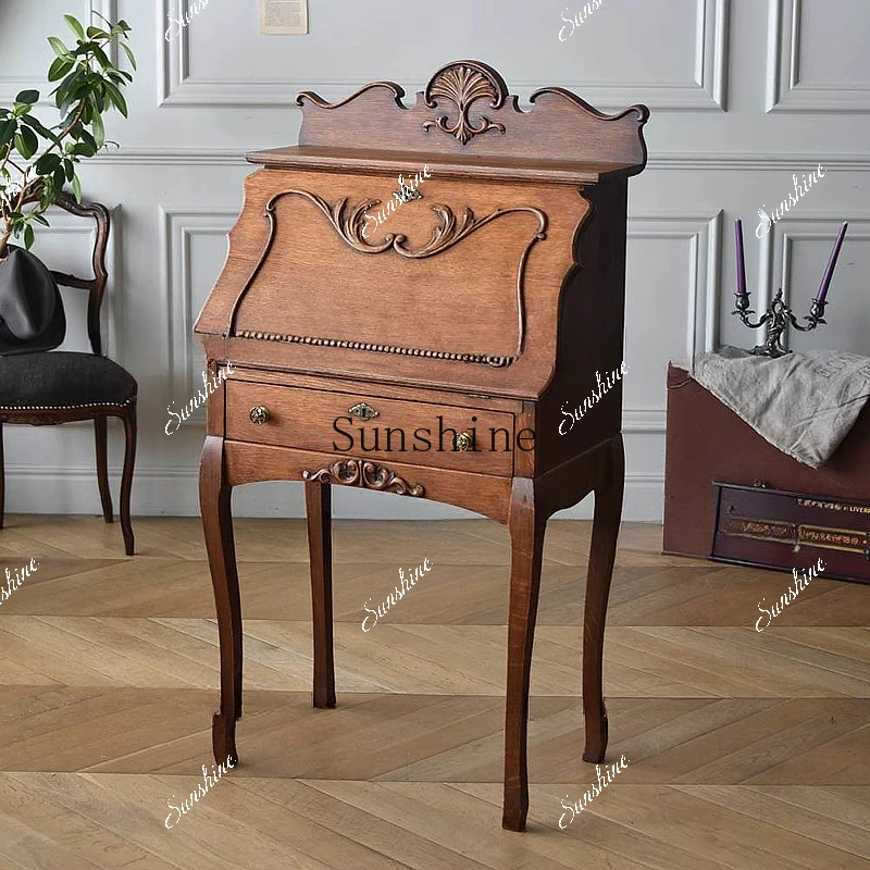 Medieval solid wood bookshelf French engraved flip cover Multifunctional folding locker Makeup table  FT