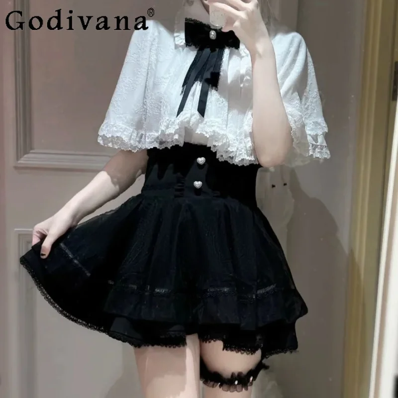

Summer Large Size Sweet Japanese Lace Cape Long Short Sleeve Shirt Fashion High Waist A-line Age Reduction Cute College Skirt