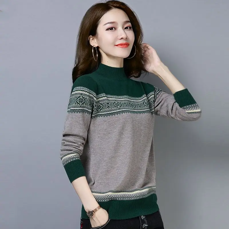 Women\'s Knitting Half High Neck Pullovers Top Long Sleeve All-match Contrast Short Sweaters Vintage Fashion Casual Clothing