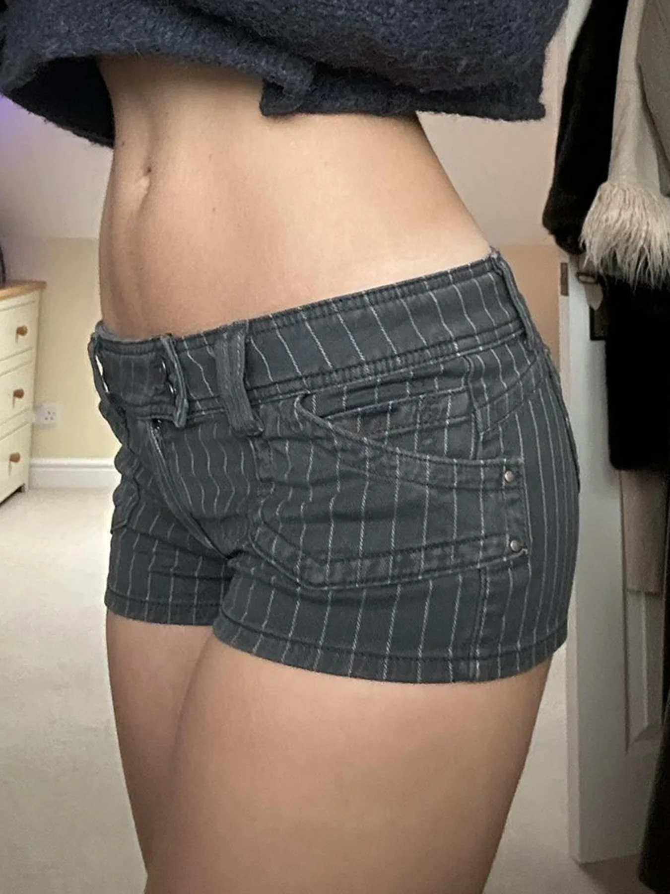 Women's Summer Striped Denim Shorts Low Waist Button Detail With Pockets Slimming Micro Mini Bottoms Sexy Streetwear
