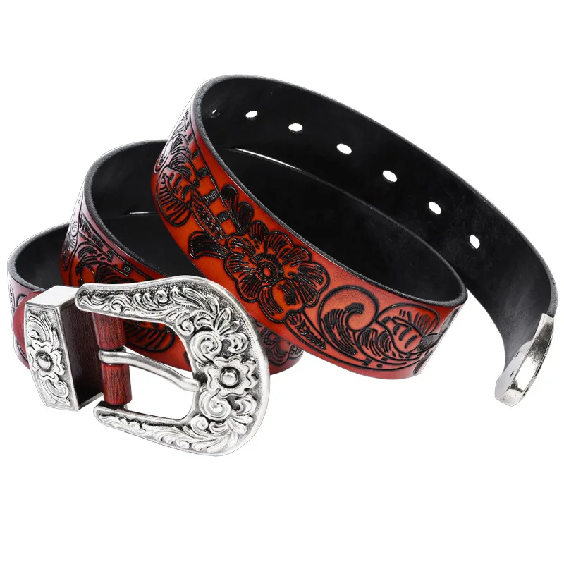 Retro unisex leather belt made of top-grain cowhide with embossed design, fashionable and versatile men's waist belt