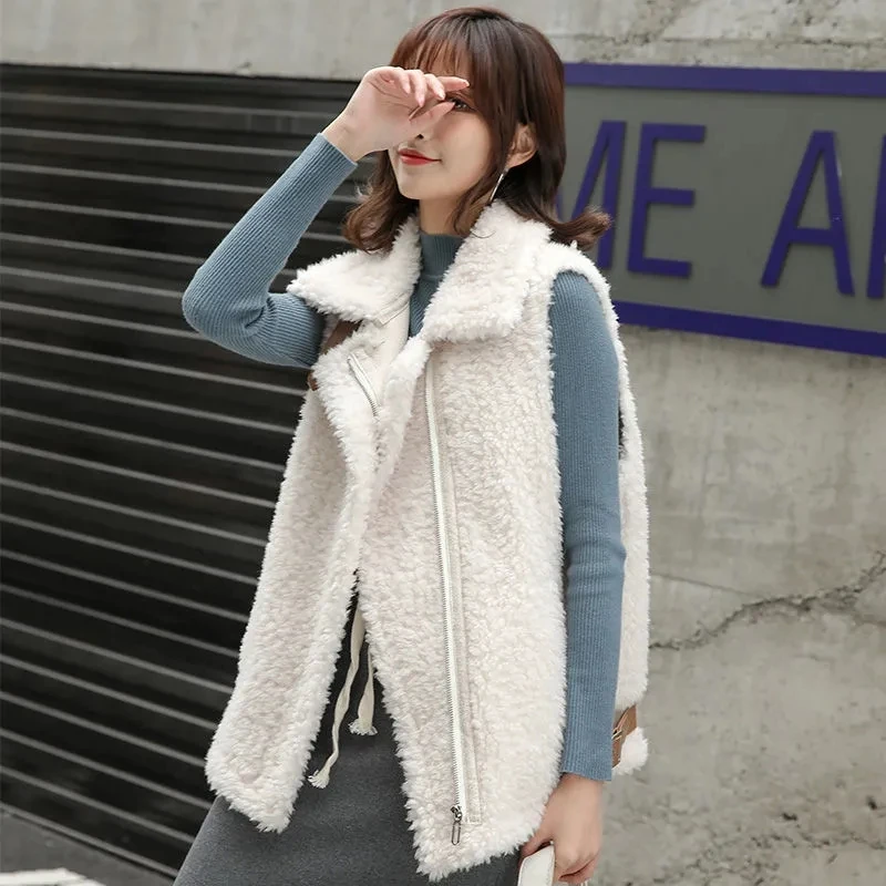 Autumn Winter Lambswool Vest Korean Women\'s Sleeveless Jackets Thick Warm Teddy Waistcoat Loose Fashion Design Chaleco Mujer