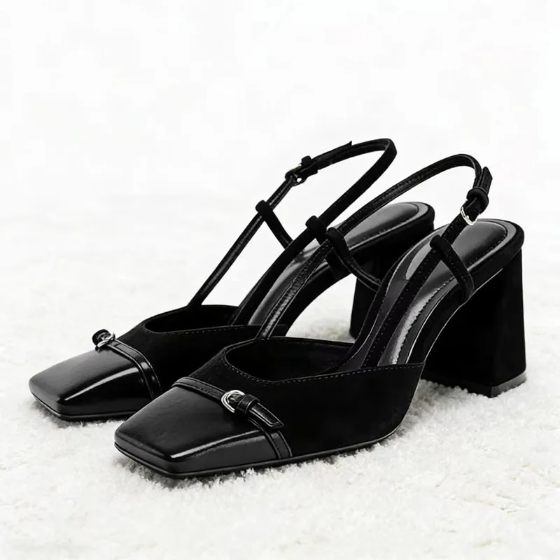 

Metal Belt Buckles Decoration Slingback Heels for Ladies Leopard Print Square Toe Chunky Women Pumps Elegant Designer Dress Shoe