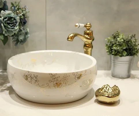 

Керамический умывальник для ванной комнаты, художественный умывальник, ручная роспись, золотые цветы