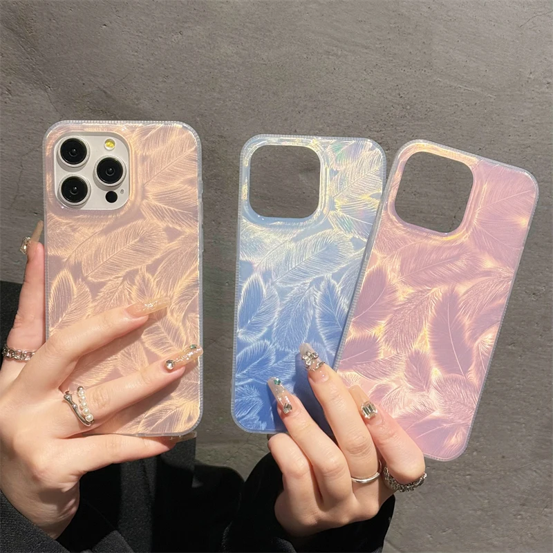 Luxury Laser Gradient Feather Pattern Phone Case For iPhone 16 15 14 13 12 11 Pro Max Plus Shockproof Silicone Back Covers Girls