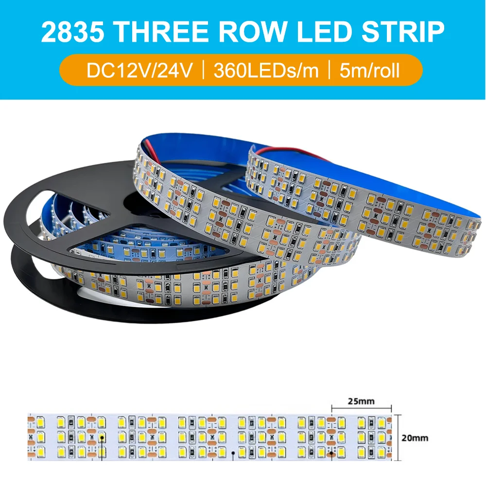 Tira de luces LED de alto brillo, cinta de iluminación de tres filas, DC12V/24V, 2835 SMD, 360LED, 3000K/4000K/6000K