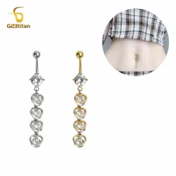 G23titan Long Heart Pendant Dangle Belly Button Ring 14G Titanium or Steel Banana Barbell Zircon Navel Piercing Bar Body Jewelry