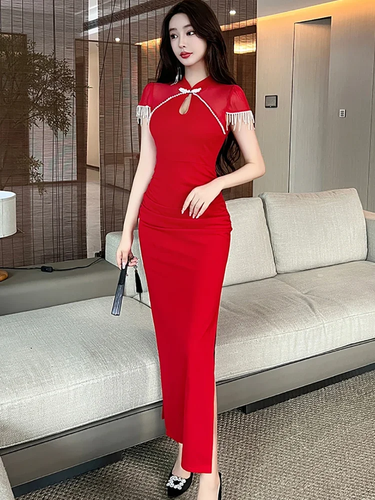 Women Elegant Diamonds Tassel Short Sleeve Robe 2025 Korean Vintage Luxury Cheongsam Dress Summer Red Patchwork Sheer Sexy Dress