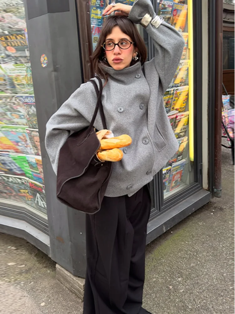 الصلبة عالية الرقبة زر مزدوج معطف فوقي انخفض الكتف فضفاض 2025 الخريف قصيرة أنيقة سترة المرأة الحضرية ملابس خارجية سيدة عادية #1