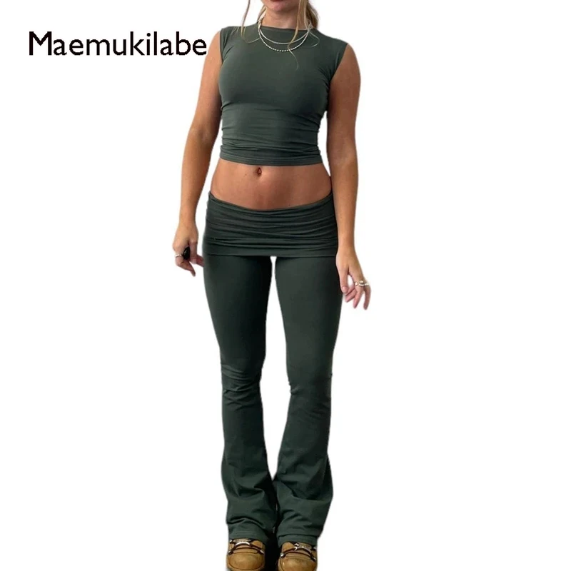 

Maemukilabe Casual 2 Piece Set Summer Sleeveless Crop Tank Top + Folds Long Trousers Pants Chic Fashoin Women Outfits Streetwear