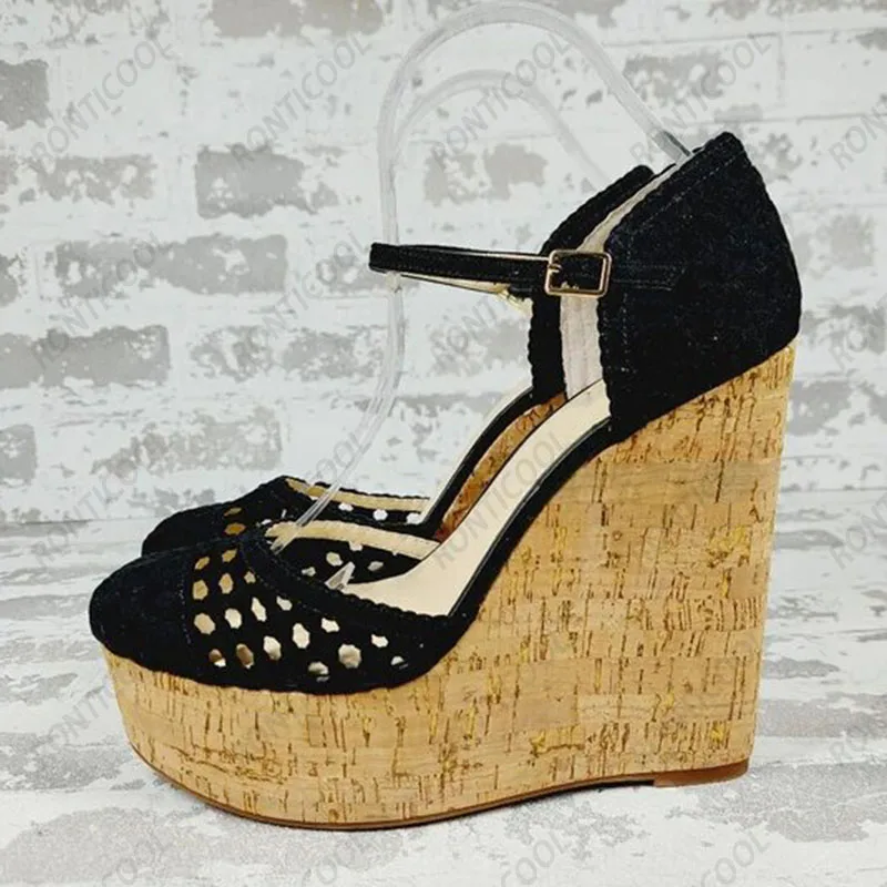 

Ronticool Women Summer Sandals Suede Hollow Out Wedges High Heels Round Toe Pretty Black Party Shoes Ladies US Plus Size 5-20