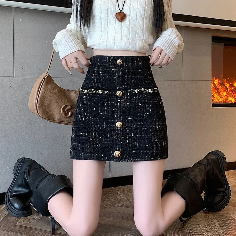 New Fashion Women Autumn Winter Versatile Slim High Waist Tweed Short Skirt Small Fragrant Style Single Breasted A-Line Beaded S