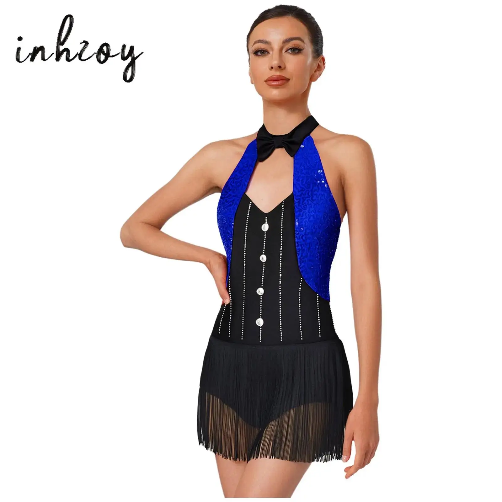 

Womens Latin Jazz Dance Dress Sequins Fringe Bodysuit Sparkly Rhinestones Halter Bow Tie Backless Buttons Crotch Tassel Leotard