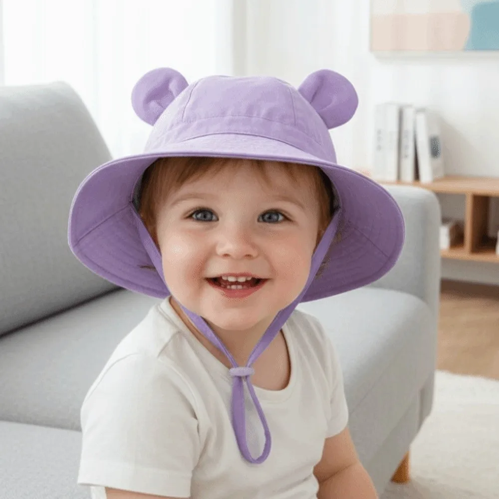 

Breathable Children Fisherman Hat Solid Color Windproof Rope Sunshade Bucket Cap Soft Cartoon Bear Folding Baby Sun Hat Summer