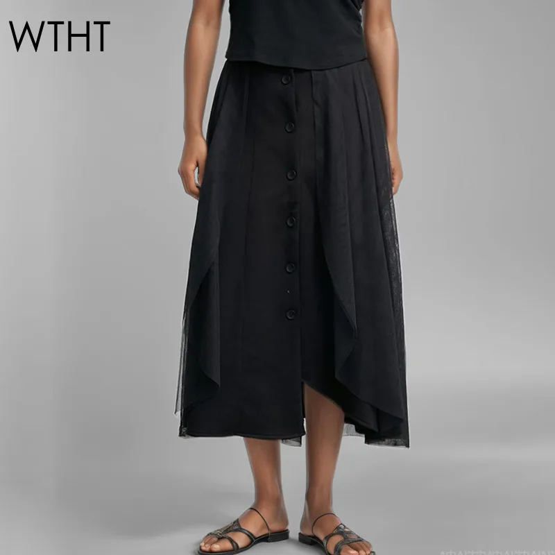 WTHT New Fashion Women's Spliced Mesh Fake Two-piece Long Skirts 2024 Winter Single Breasted Design A-line Skirt Female 1LS568