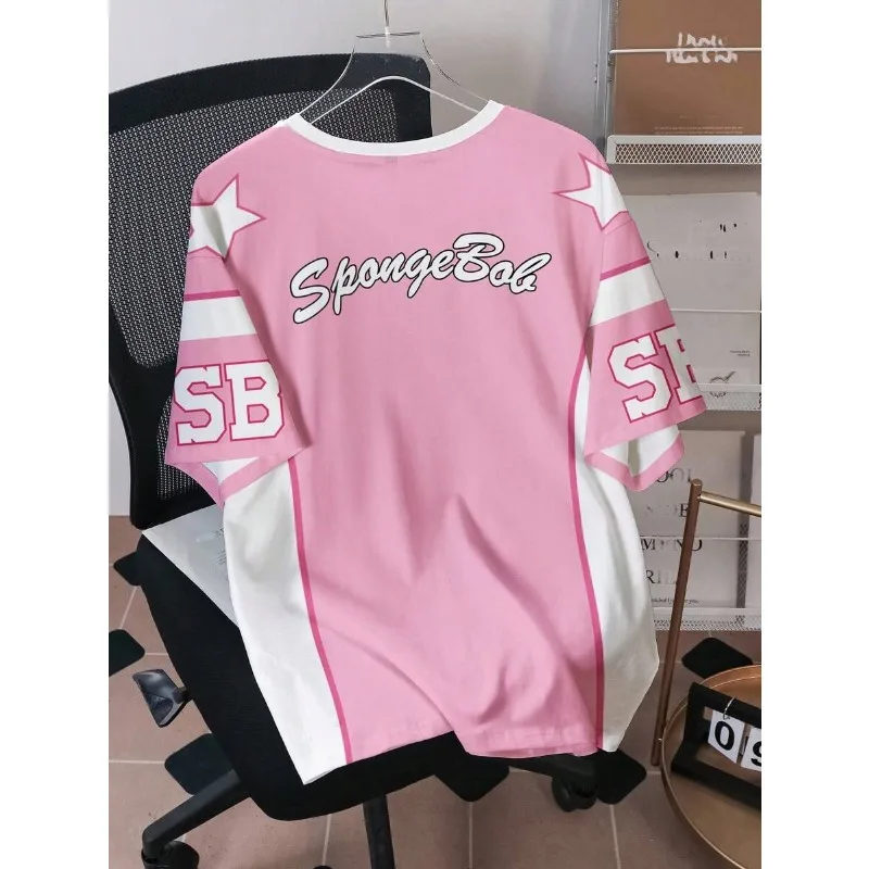 Pink and White Contrasting Splicing Short Sleeved T-shirt, SpongeBob SquarePants Cartoon Printed Loose Casual Top