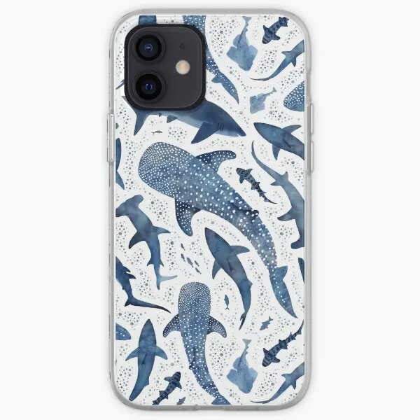 Monochrome Blue Watercolour Shark Ocean  Phone Case Customizable for iPhone 6 6S 7 8 Plus X XS XR Max 11 12 13 14 Pro Max Mini